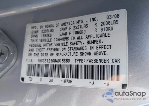 2008 Honda Accord 2.4 Lx-S from USA, damaged, VIN 1HGCS12368A015680